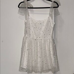 Lucy In The Sky Sparkling White Mini Dress with Bow Straps
